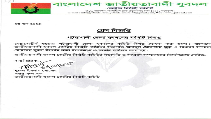 পটুয়াখালী জেলা যুবদলের কমিটি বিলুপ্ত 